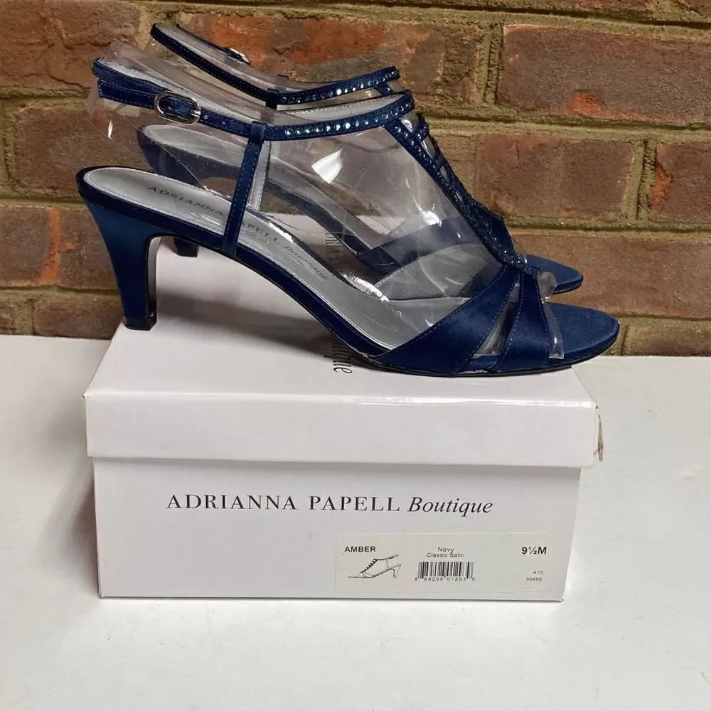 Adrianna Papell Boutique Navy Classic Satin Rhinestone Beaded Heels Size 9.5